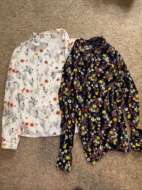 Floral Button-Up Blouse Pair - White & Navy Floral